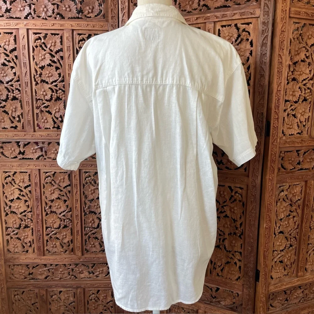 White Embroidered Men's Short Sleeve Cotton Linen Shirt Western Aztec - Picture 8 of 11
